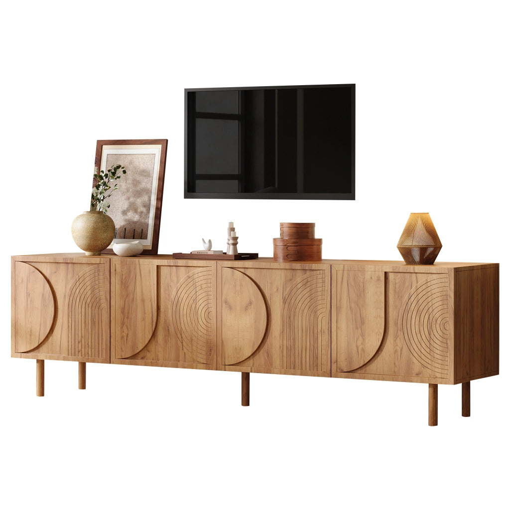 Mobile TV 180 cm con 4 ante, 2 vani contenitori, per TV fino a 75 pollici, colore legno