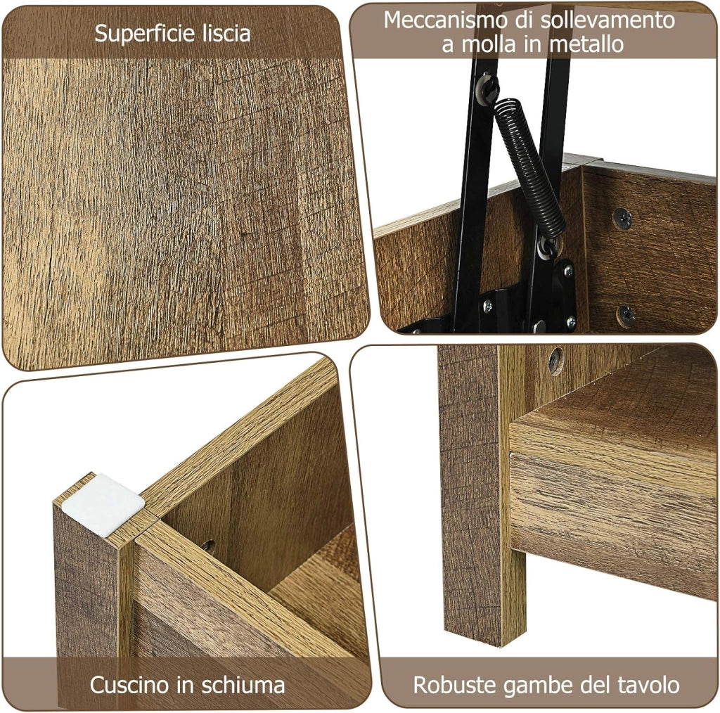 Tavolino Salotto Sollevabile, Tavolino da Caffè Basso con Scompartimenti Nascosti e Mensole, Tavolino Moderno per Soggiorno, Salone e Studio, 109 x 47,5 x 50-63 cm (Quercia)