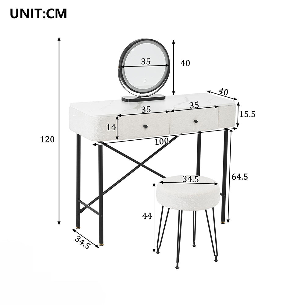 Toilette con illuminazione e sgabello - Xylo - Specchio LED, 2 cassetti, piano marmo, moderno, decor polare, nero e bianco, 100x40x120cm