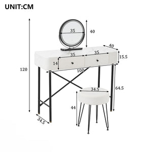 Toilette con illuminazione e sgabello - Xylo - Specchio LED, 2 cassetti, piano marmo, moderno, decor polare, nero e bianco, 100x40x120cm