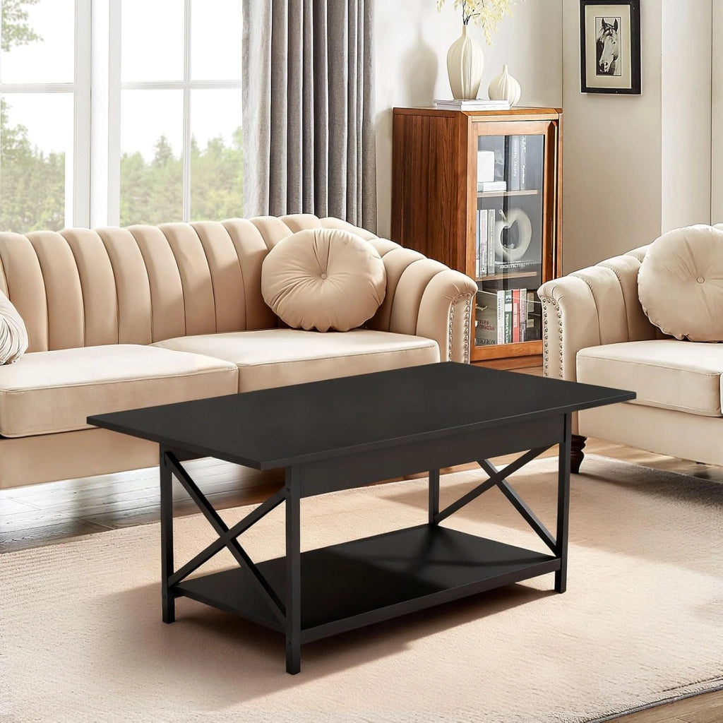 Tavolino a 2 Livelli a Forma di X, Tavolo da Caffè in Stile Industriale, Moderno per Soggiorno, Ufficio, Camera da Letto, Gambe Regolabili, 110x60x48cm, 2 Colori