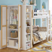 OKWISH Letto a Castello 90×200 cm, Letto Singolo con 6 Mensole, Armadio Laterale e Scala a 4 Gradini, senza Materasso, Bianco e Naturale