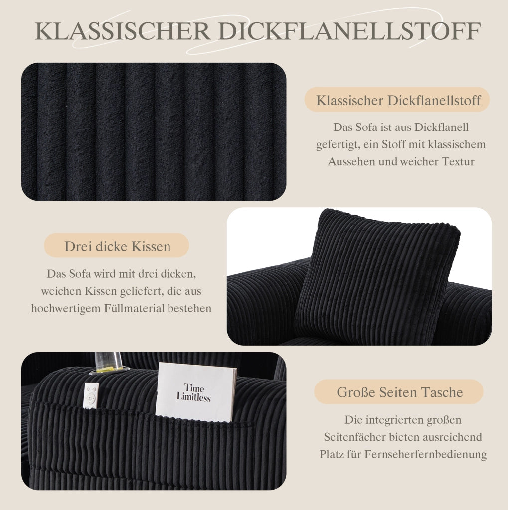 Divano compatto in velluto a coste nero con modulo personalizzabile, portabicchieri e tasche laterali, con 3 cuscini inclusi