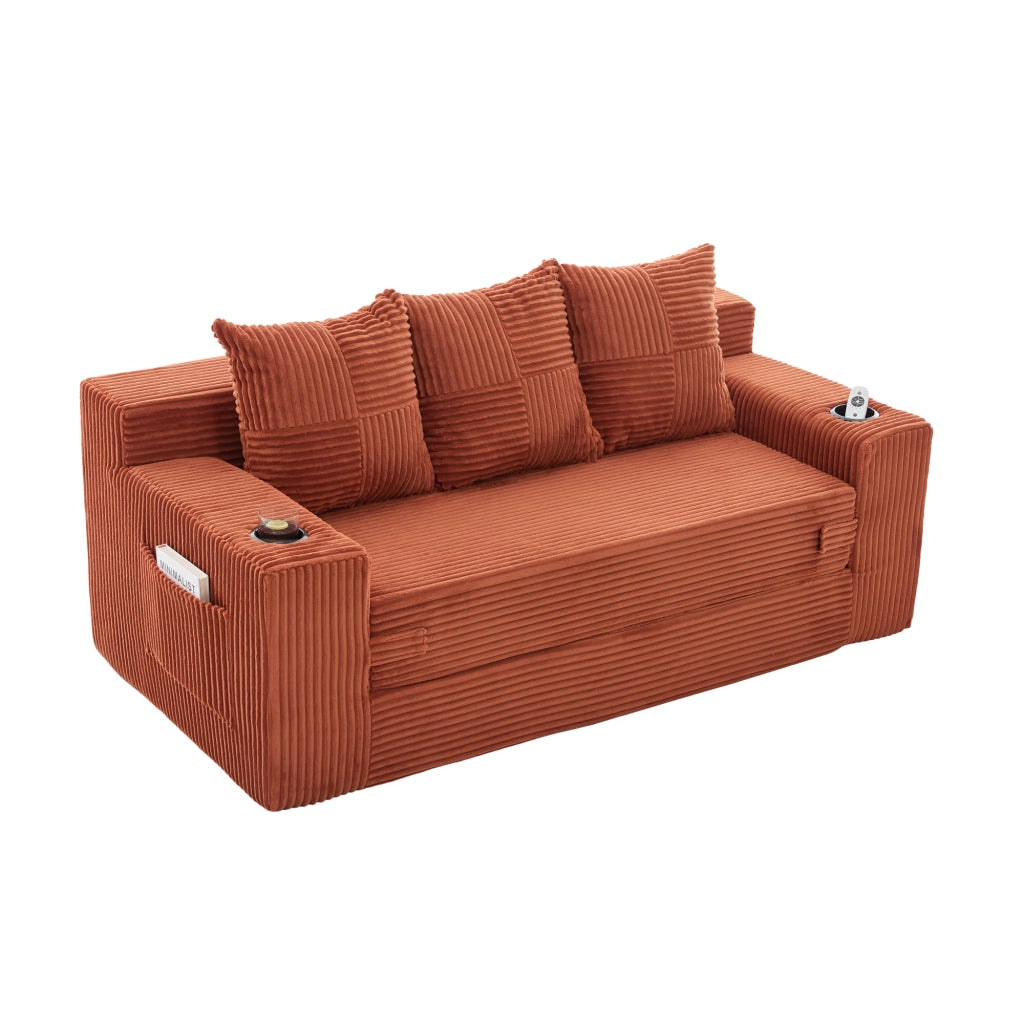 Divano modulare 172x87x64 cm trasformabile in cuscini separati in velluto a coste arancione