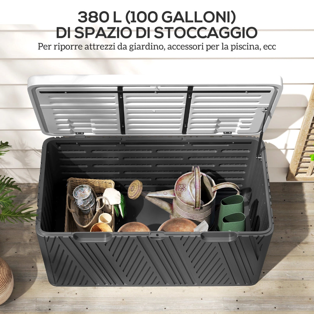 Panca Contenitore Capacità 380L con 2 Maniglie e Leva a Gas in HDPE Nero e Grigio
