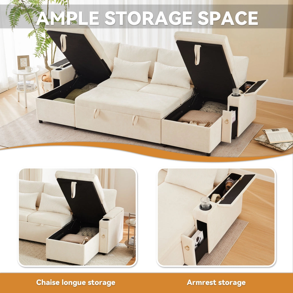 Divano letto modulare 4 posti - con contenitore - in chenille e corduroy - beige
