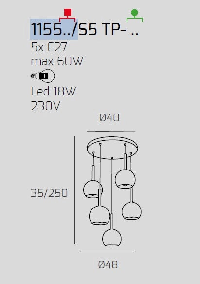 SOSP. OTTONE SAT. TONDA 5 LUCI VETRI TUTTI PICCOLO (2X TR+ 3X AM) 1155OS-S5 TP-TA