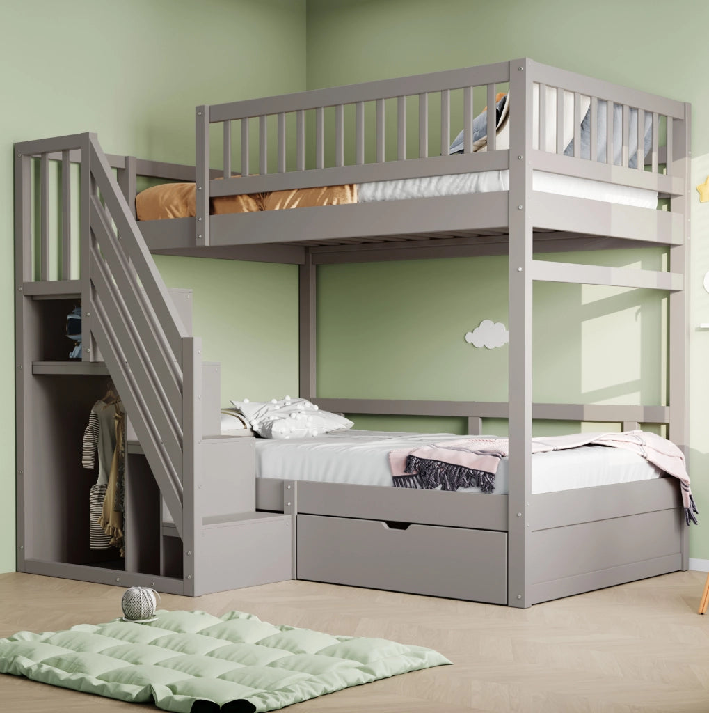 Letto a castello in legno massiccio con scala contenitore e cassetti, 90x200 cm