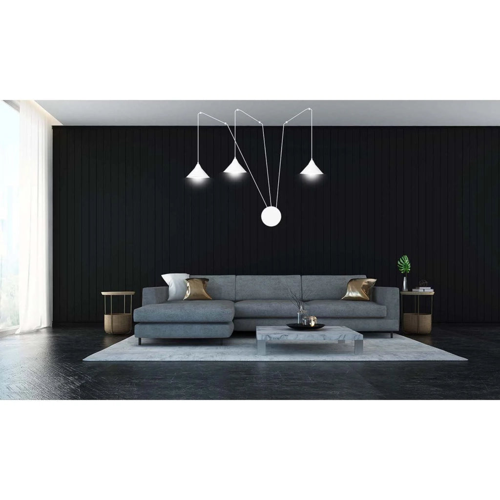 Sospensione Minimal 3 Luci Fujin In Acciao Bianco E Paralume A Cono