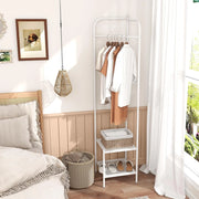 Appendiabiti Salvaspazio, Bastone Appendiabiti con Scaffale Scarpe a 2 Piani, con Protezione Antiribaltamento e Piedini Antiscivolo, Stand Appendiabiti per Ingresso e Camera da Letto (Bianco)