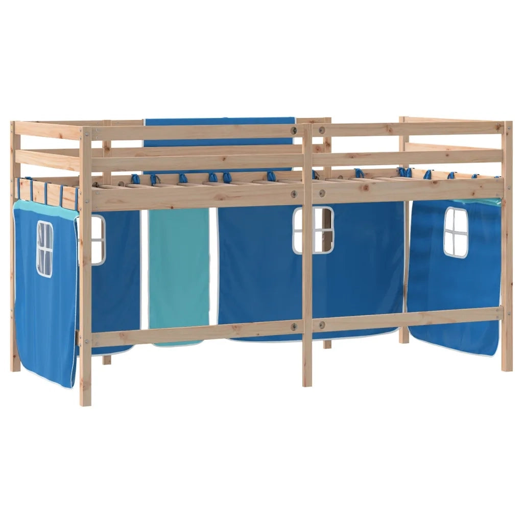 Letto a Soppalco Bambini | Letto Infantile | Lettino con Tende Blu 90x190 cm Massello Pino