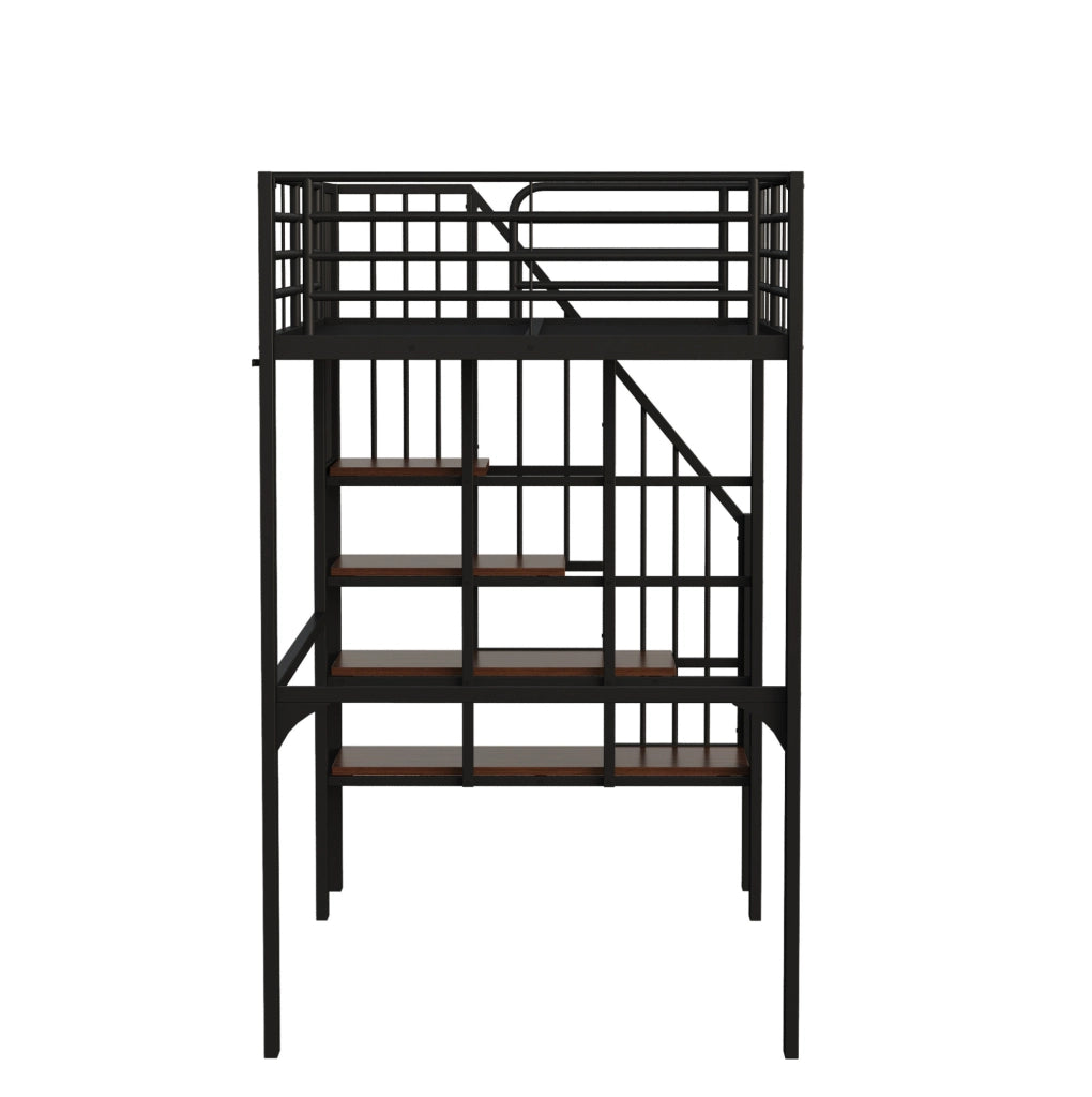 Letto a soppalco 90x200 cm in metallo e legno con scala e vano contenitore; nero