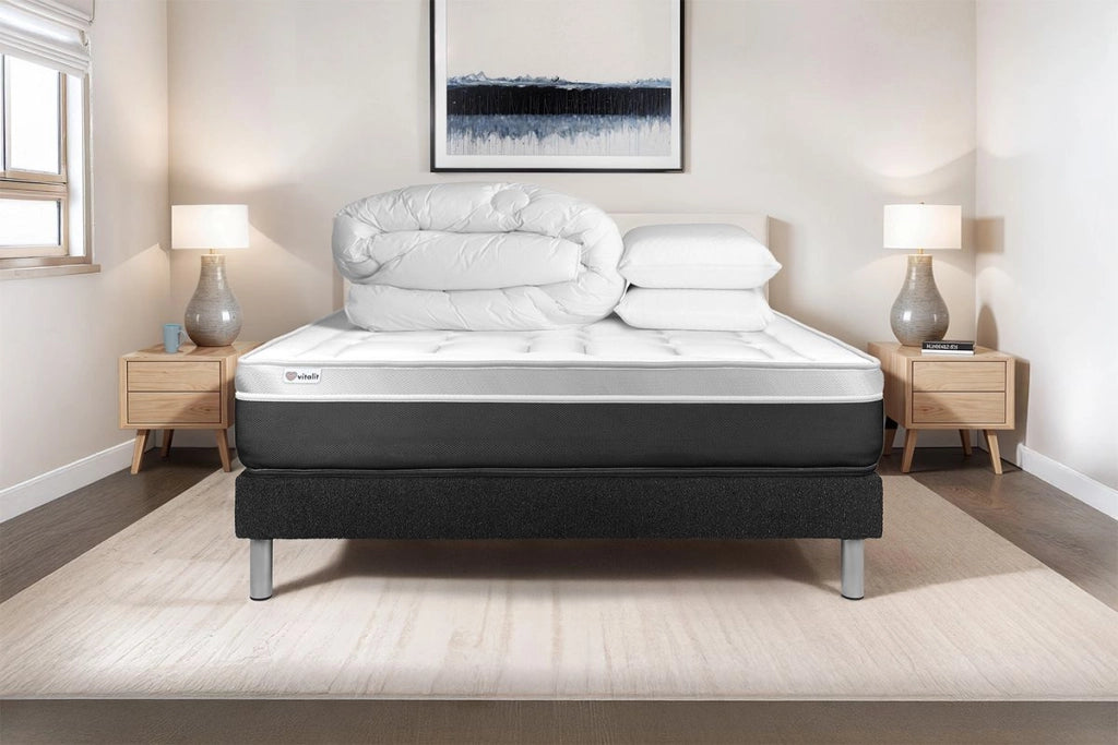 Pacchetto letto completo - Materasso 140x190cm + Box spring con doghe (in kit) + 2 cuscini + Piumino - Vital Soft