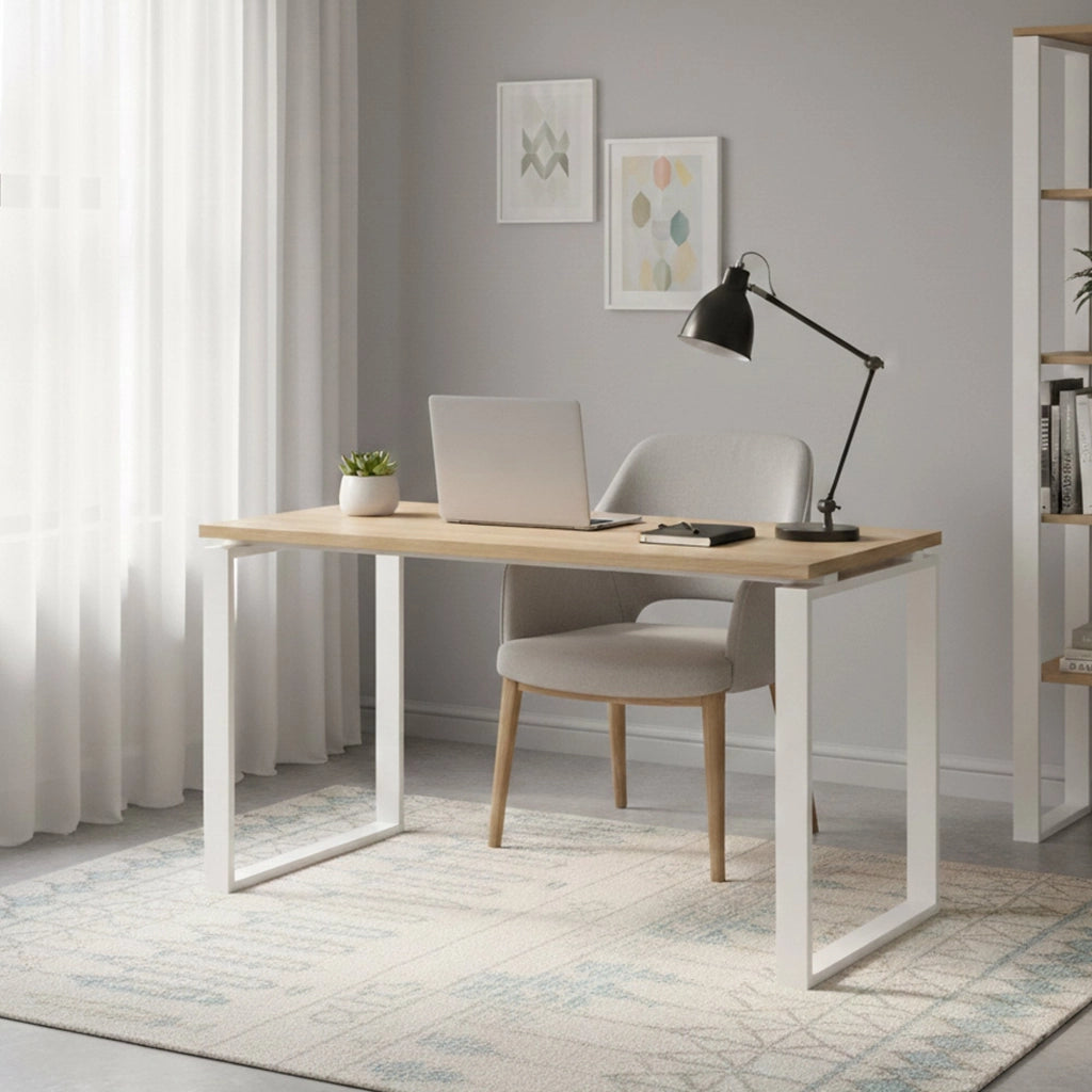 Scrivania Pierrot, Scrittoio multiuso, Tavolo per ufficio porta PC, Piano di lavoro, 120x60 h76 cm, Rovere e Bianco