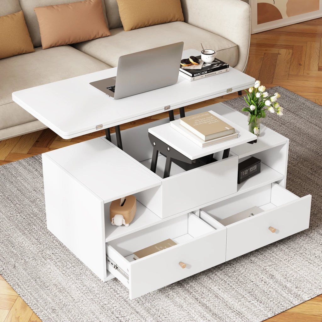 Tavolino Da Salotto Sollevabile con 4 Cassetti e Piano Ribaltabile; Idraulico; Stile Moderno; in MDF; 100×50×47;5 cm; Bianco