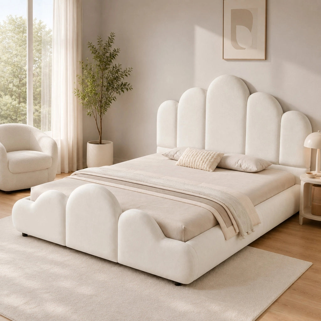 LETTO Imbottito 140x200 cm in velluto beige, struttura unica