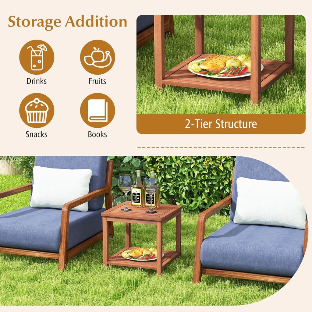 Tavolino ausiliario in legno di acacia per giardino, comodino rettangolare con ripiano aperto inferiore, 45 x 45 x 45 x 45 cm, motivo a lamelle, per soggiorno, terrazza, balcone