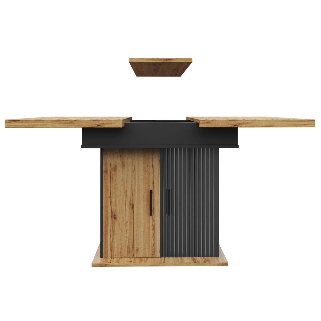 Tavolo allungabile con vano contenitore e ripiani regolabili, in MDF, nero e naturale, 110-140 × 80 × 75 cm