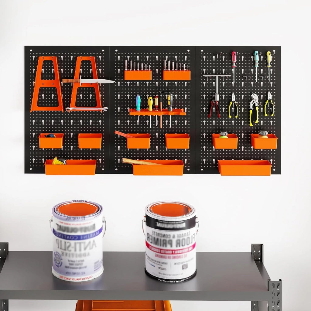 Pannello Porta Attrezzi da Parete 120 X 60 CM, 3 Pannelli Perforati in Metallo con kit di 29 Ganci, Stabile e Resistente, per Garage, Officina (Nero+Arancio, 120 X 60 X 2 CM)