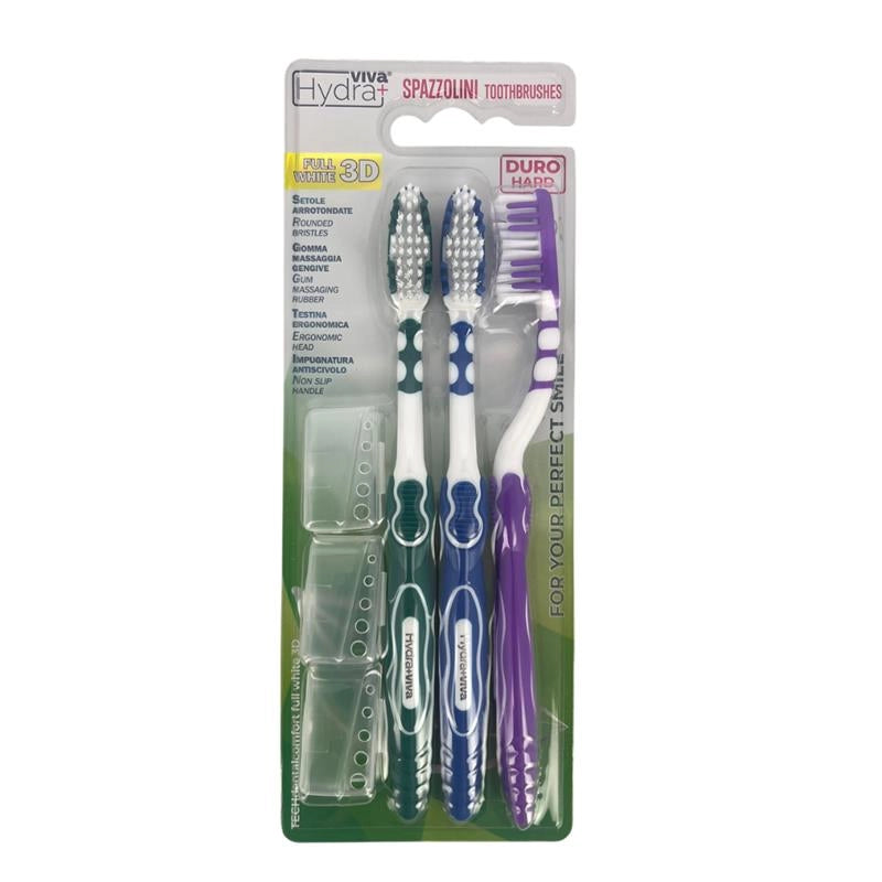 HYDRA VIVA SET 3 SPAZZOLINI SETOLE ARROTONDATE GOMMA MASSAGGIA GENGIVE TESTINA ERGONOMICA IMPUGNATURA ANTISCIVOLO COLORI ASSORTITI