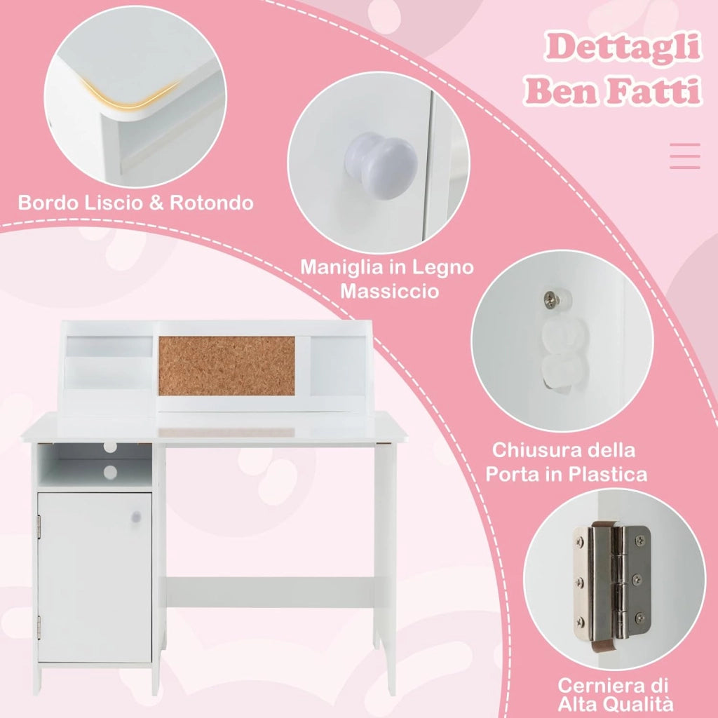 Scrivania per Bambini con Sedia, Set Tavolo e Sedia con Lavagna, Pennarello, Armadietto e Bacheca, Postazione Computer per Studenti e Tavolo da Scrittura per 3+ Anni (Bianco)
