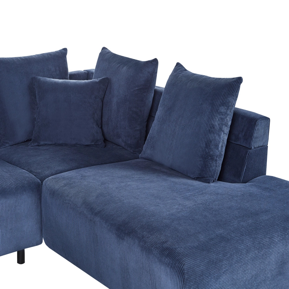 Divano ad angolo in velluto a coste blu e gambe in metallo design retrò stile moderno