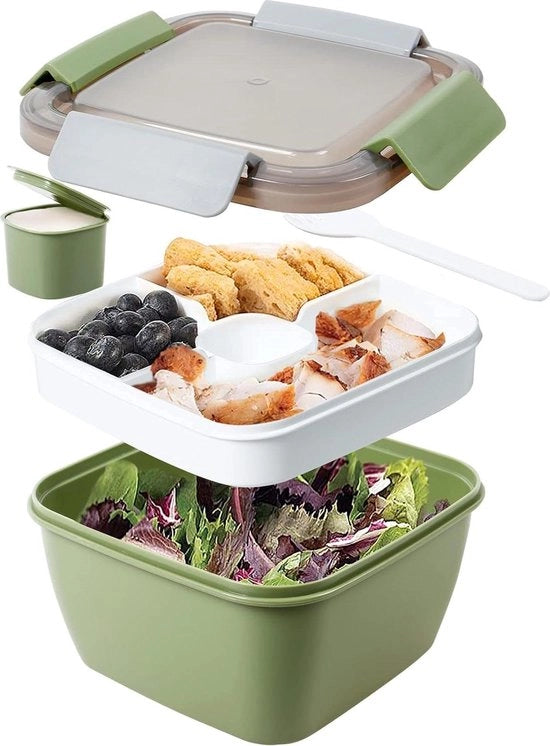 Bento Box 1500 ml con contenitore per insalata e contenitore per salse - box da 3 vasi per insalata da portare a scuola e al lavoro - viaggio in auto, campeggio - chiusura ermetica