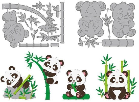 Snijsjabloni in Koolstof - Panda e Bamboe - Snijsjabloni per Scrapbooking e Carte - Tema Animali - Dimensioni 141x100mm/136x101mm - Snijsjabloni in Metallo