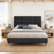 Letto imbottito matrimoniale 140x200 cm con rete a doghe, testiera in lino nero, con vano sottoletto