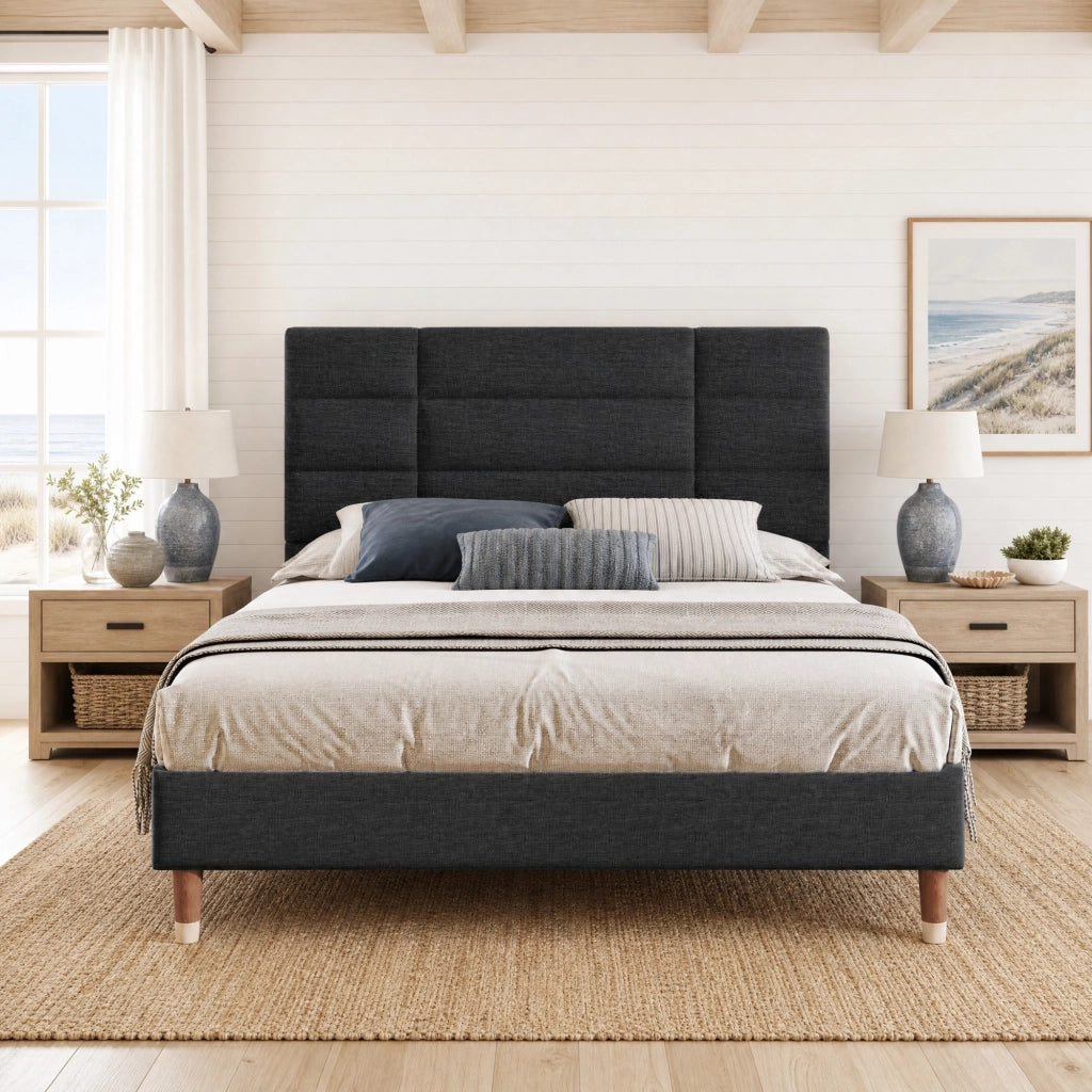 Letto imbottito matrimoniale 140x200 cm con rete a doghe, testiera in lino nero, con vano sottoletto