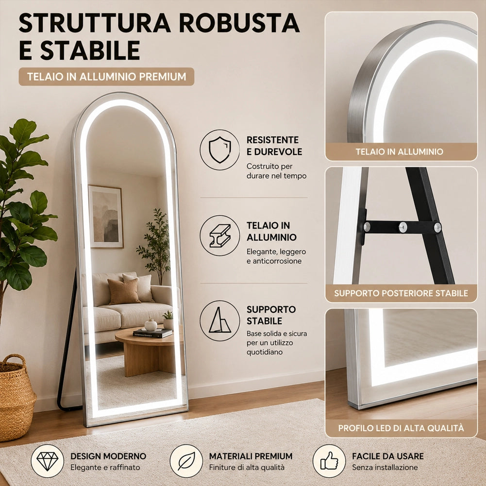Specchio ad Arco 160x50 cm Figura Intera e LED a 3 Colori Dimmerabile in Alluminio