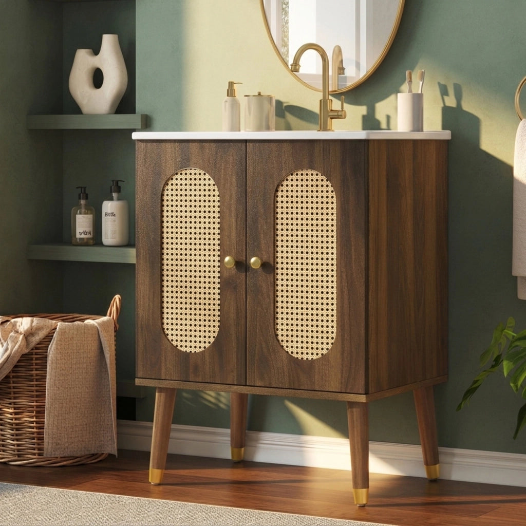 Mobile da bagno con lavabo in ceramica, ante in vimini traspiranti, spazio contenitivo, senza rubinetto, color noce