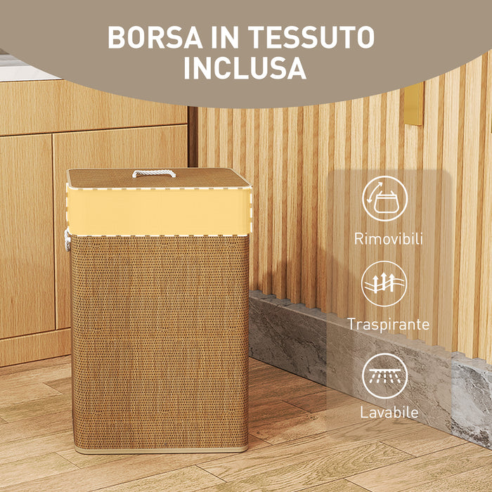 Cesto Portabiancheria 72L con Sacco Rimovibile 40x30x60 cm in Vimini e Bambù Marrone