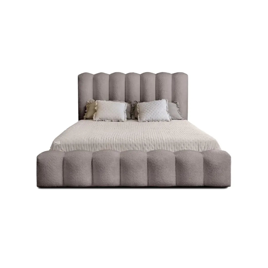 Letto contenitore BADJA – Tessuto bouclé Taupe cendré – 160x200 cm – Rete sollevabile – Design di alta gamma