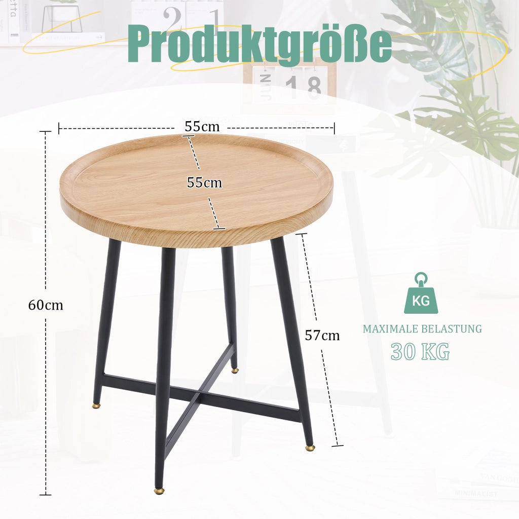 OKWISH Tavolino da Caffè Rotondo con Piano Compatto e Gambe in Metallo Incrociate, per Soggiorno e Camera, MDF, Legno Naturale, 55×55×60 cm