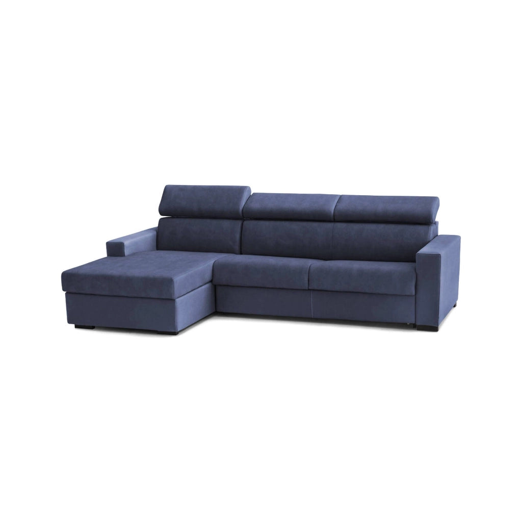Divano fisso Akela, Divano ad angolo, Made in Italy, SofÒ  Soggiorno con chaise longue, in tessuto imbottito - Penisola contenitore Sinistra, con Braccioli standard, cm 280x95h85, Blu