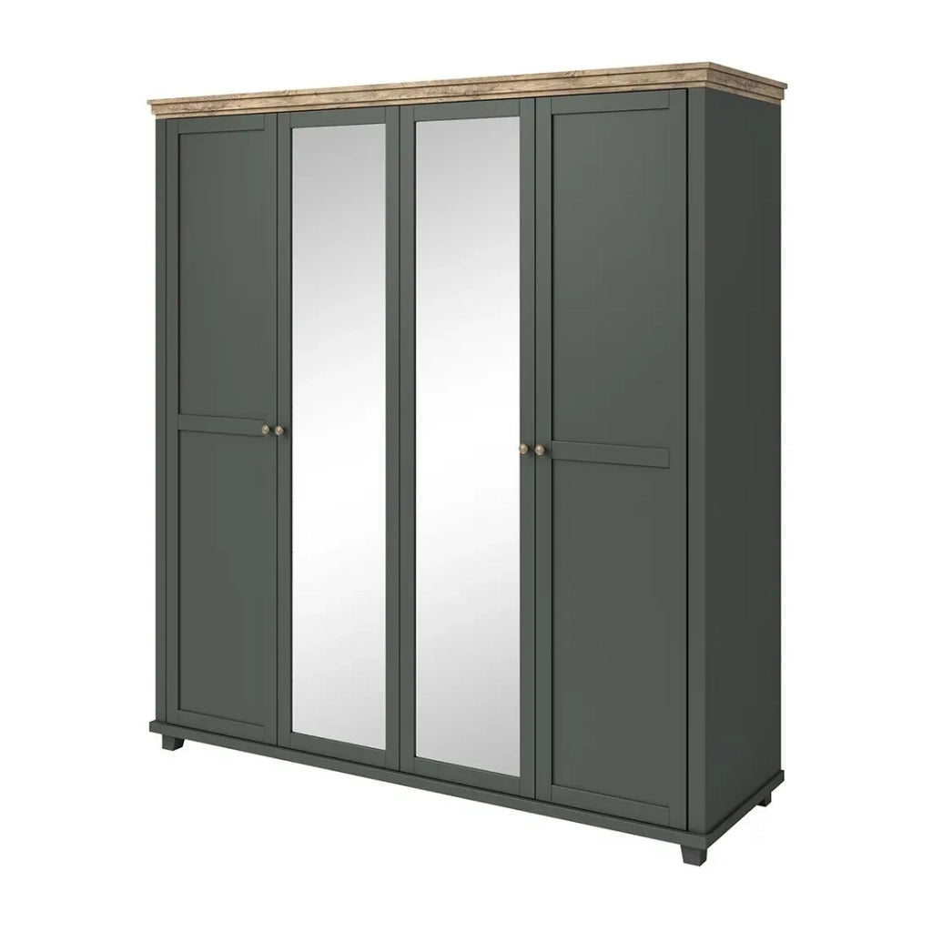 Camera da letto ASSIA: Armadio 200cm, Letto 180x200, comò, comodini. Colori verde kaki e quercia.