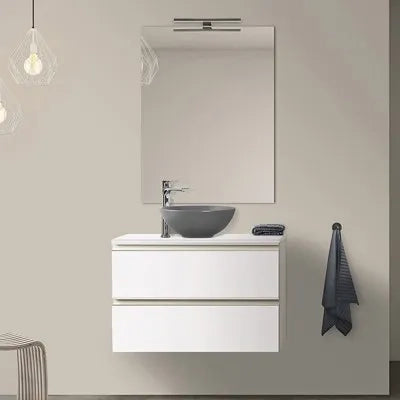 Mobile bagno sospeso 80 cm bianco opaco con top e specchio tondo Master