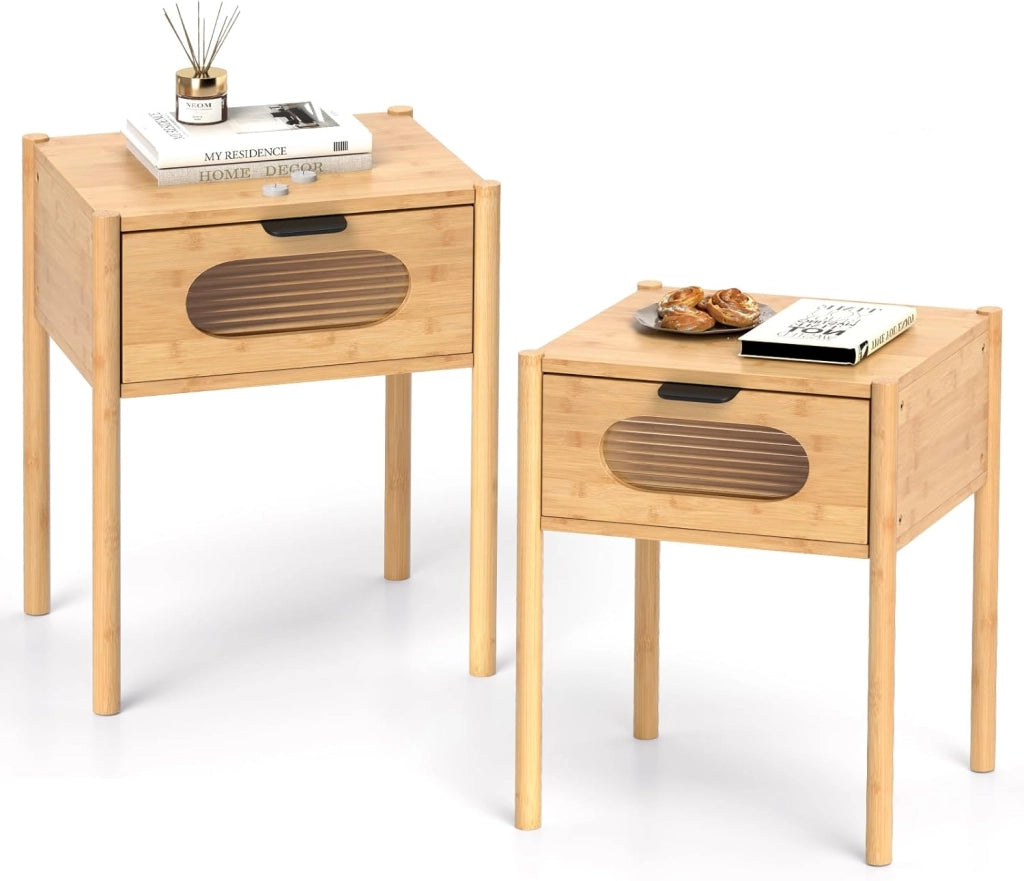 Comodino Camera da Letto in Bambù, Comodino con Cassetto in Vetro Temperato e Maniglia, Tavolino da Letto Piccolo con Gambe Rialzate per Soggiorno, Cameretta e Spazi Ridotti, Naturale (1)