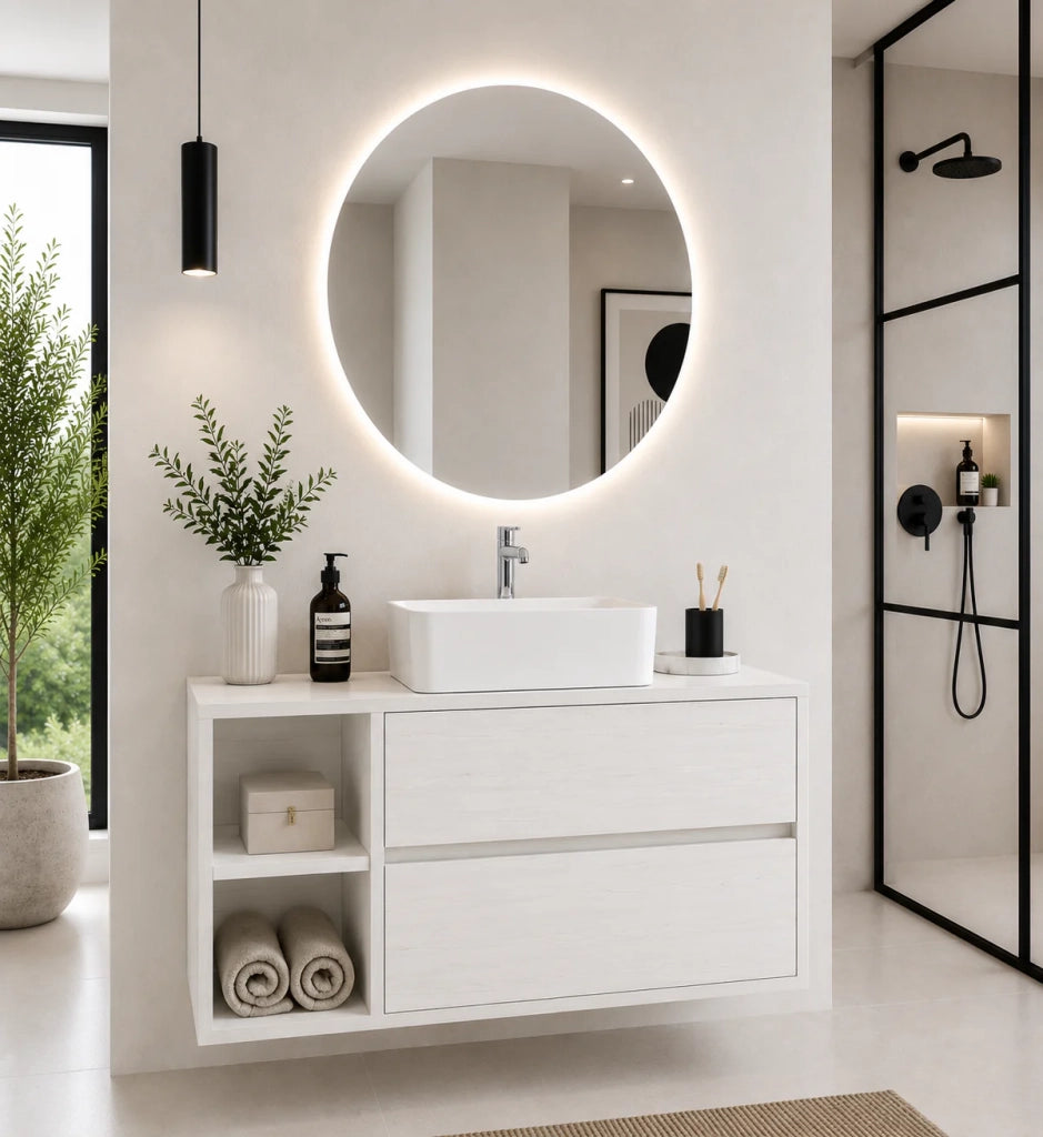 Mobile bagno con top in legno e lavabo da appoggio ORIGENBATH ZEUS senza specchio 70x45 cm Sinistra bianco nordico