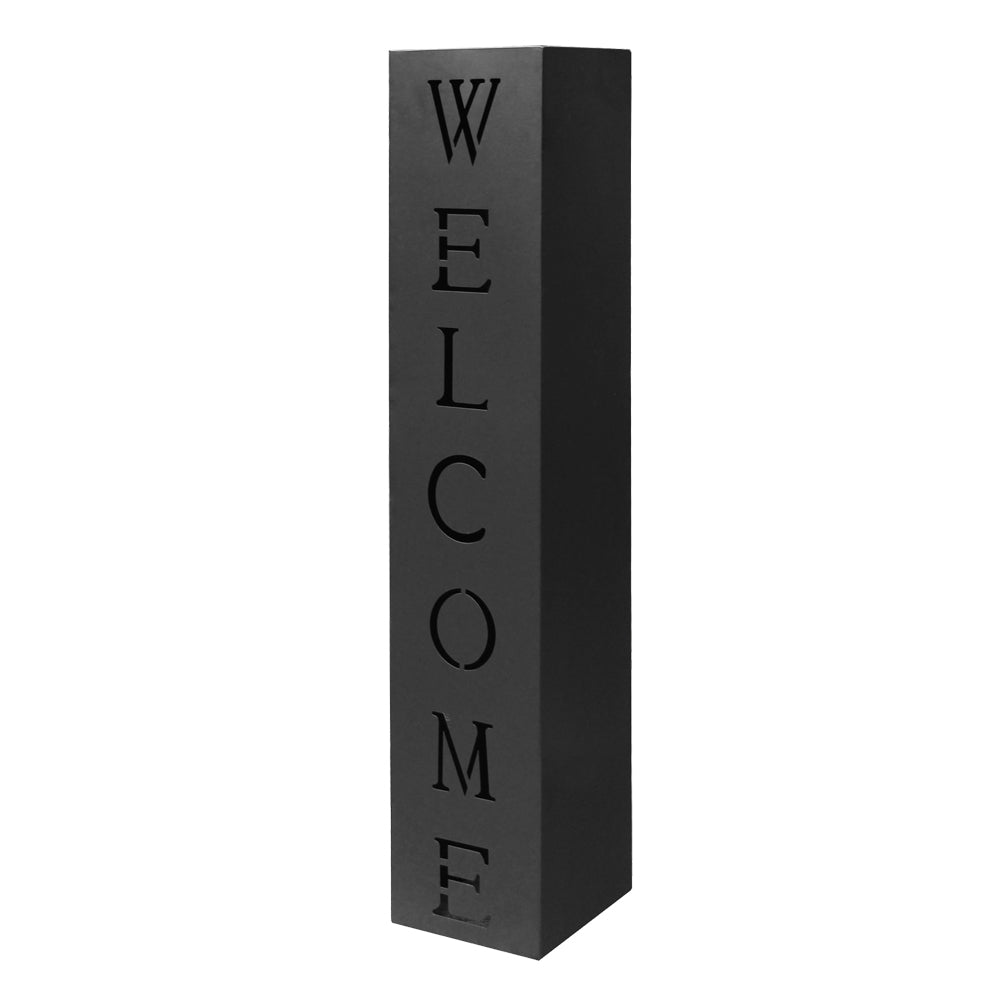 Colonna decorativa in metallo nero con scritta Welcome per ingresso Fioriera