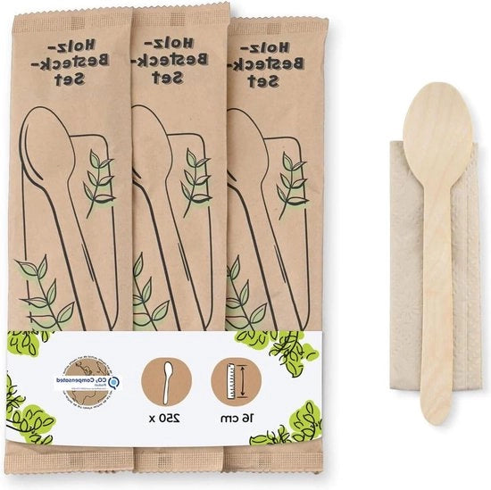 Set di forchette in legno - cucchiaio in legno duraturo con tovaglietta 16 cm - rivestimento biogeco - per snack bar e feste - biodegradabile - plastico libero - certificato FSC - 500 pezzi
