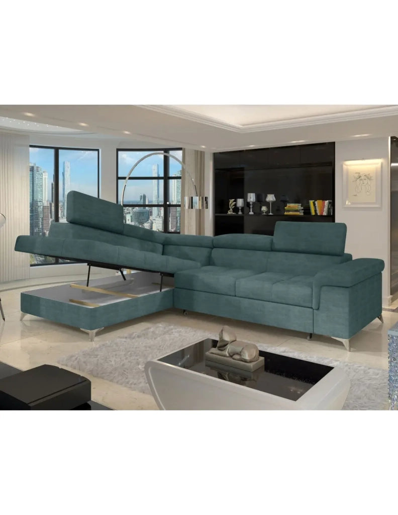 Divano angolare convertibile PALAZZO 4 posti verde blu – angolo sinistro con contenitore