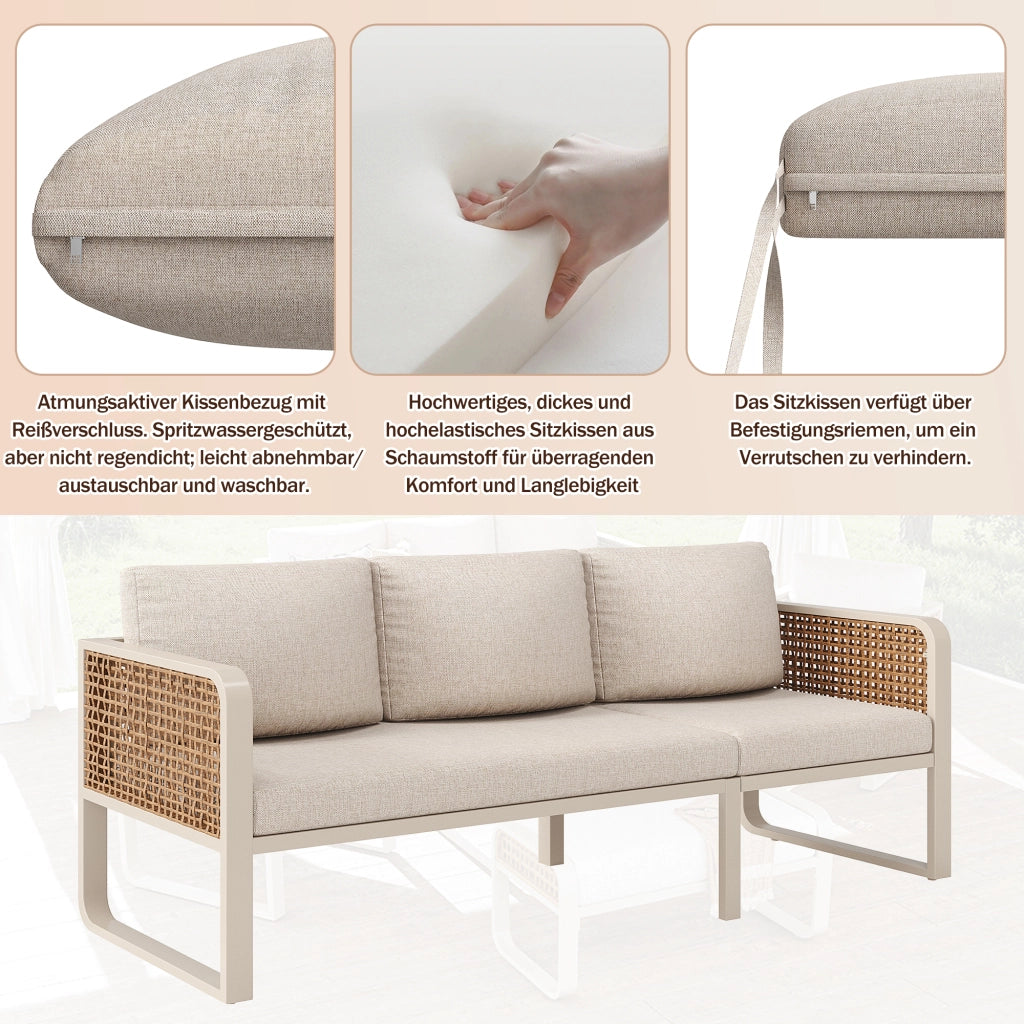 Set giardino 6-7 persone: sedute rattan PE; tavolino; Divanooo cuscini lavabili; piedini regolabili; beige