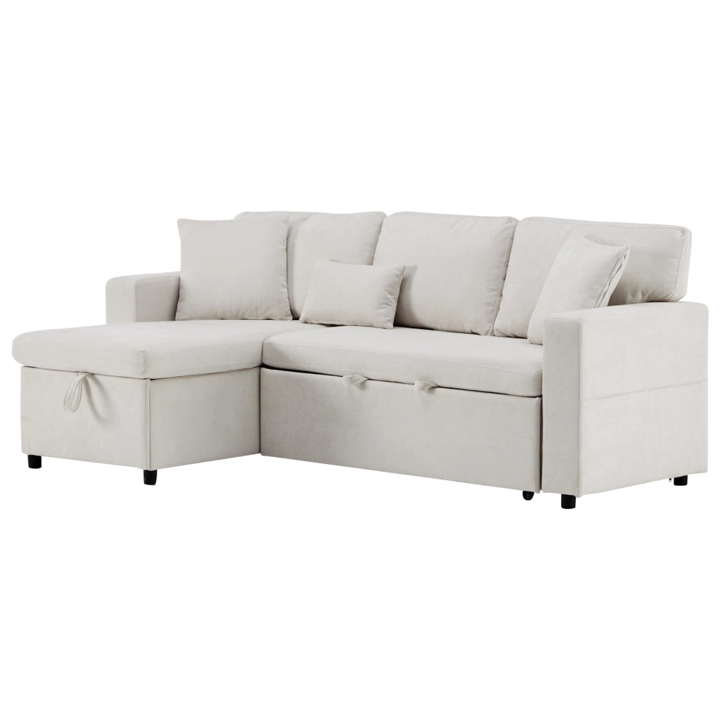 Divano letto angolare 3 posti con USB, contenitore e 3 cuscini, beige