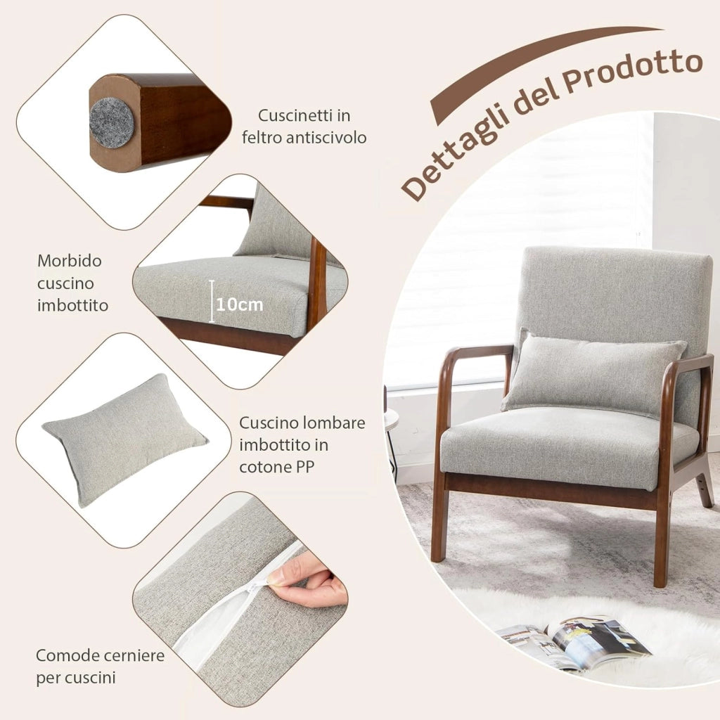 Poltrona da Salotto, Sedia da Soggiorno con Cuscino Lombare, Poltrona Moderna Imbottita, Telaio in Legno di Gomma, per Soggiorno, Camera da Letto, Portata 150 kg (Grigio)