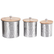 Set di 3 contenitori decorativi barattoli in alluminio argento con coperchi in legno