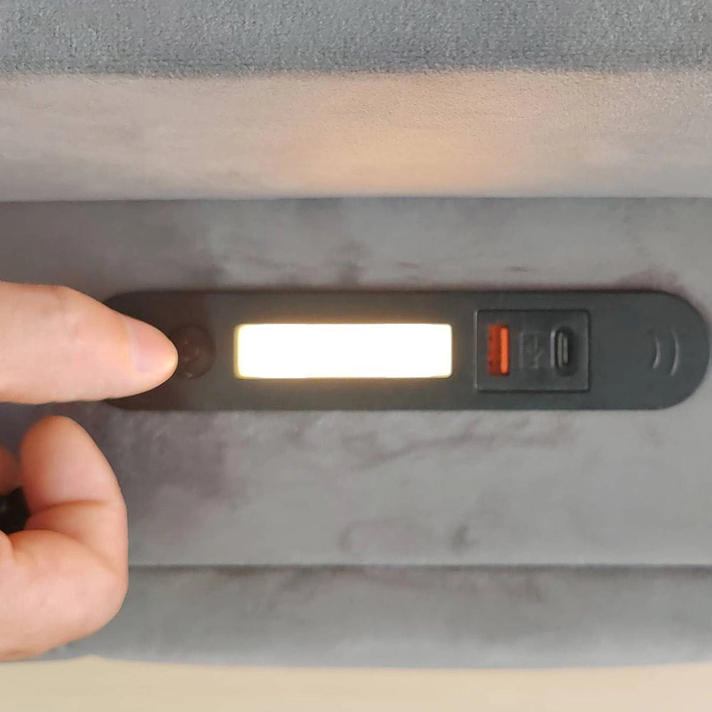 Divano letto-Xylo-90x200 cm-LED, USB-C, ripiani, velluto grigio chiaro