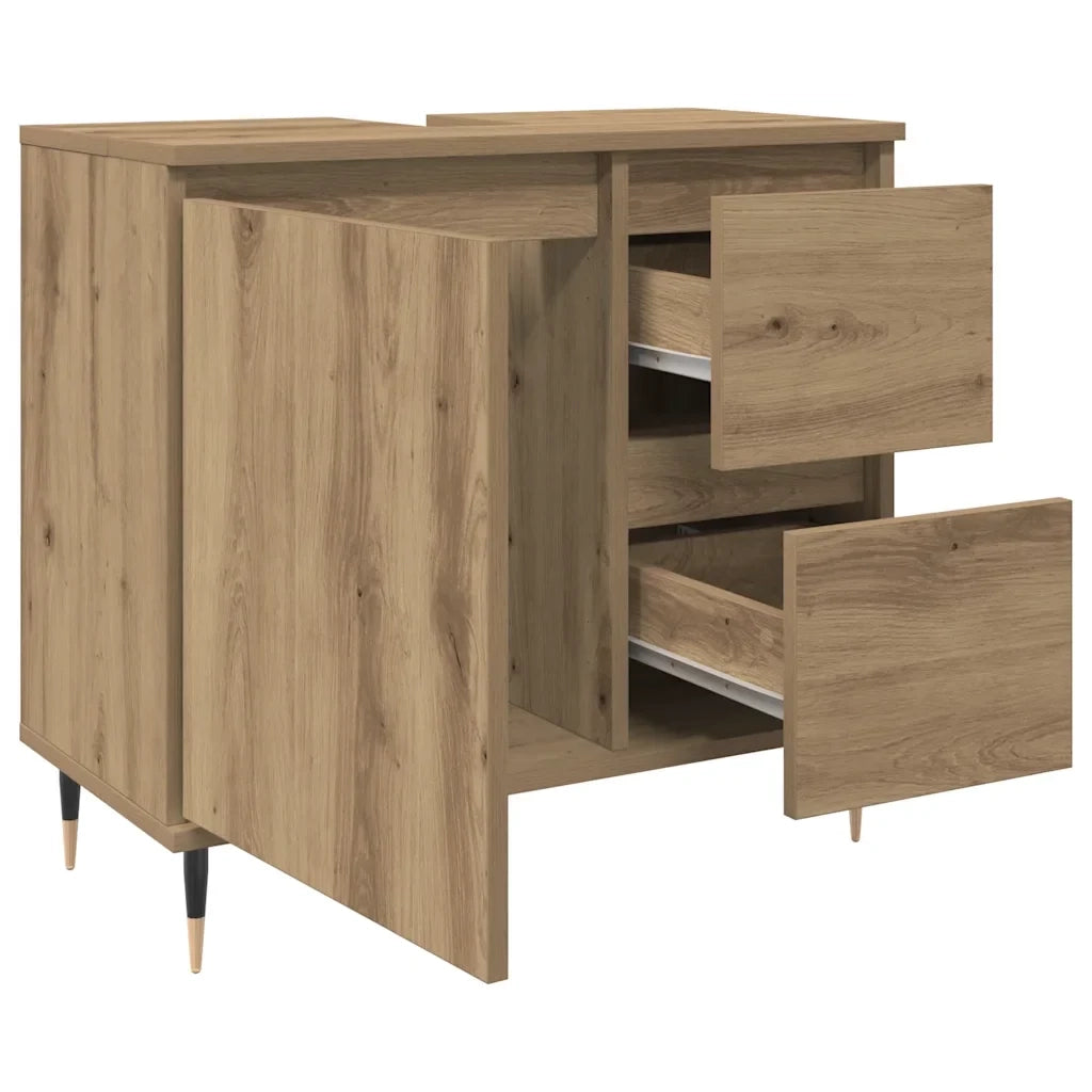 Mobiletto da bagno in legno composito 65 x 33 x 60 cm con ampio spazio contenitivo stile industriale finitura rovere artigianale 02_0051104