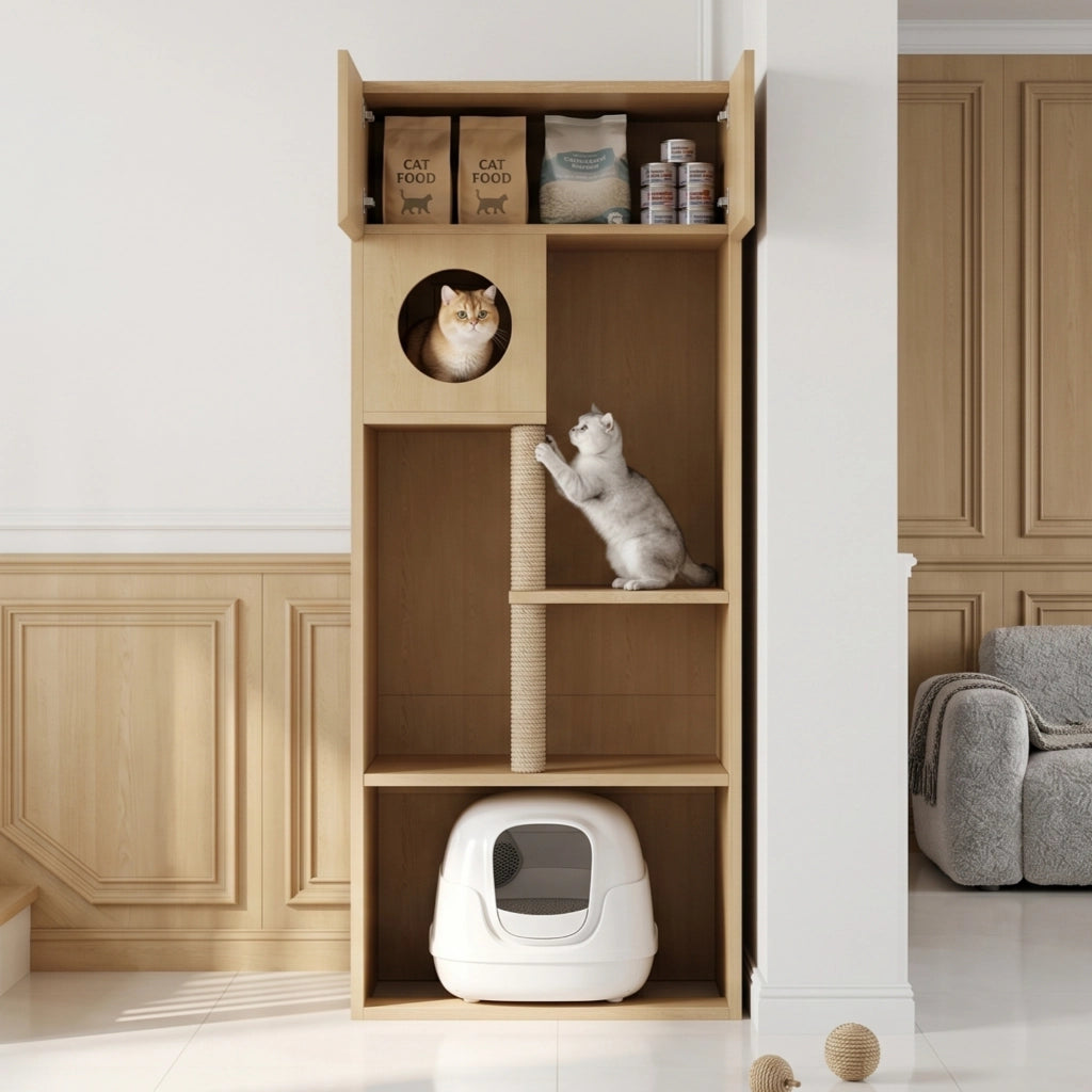 Mobile contenitore per gatti con tiragraffi in sisal; cuccia rotonda e vano chiuso con ripiani; in MDF; 80×45×193 cm